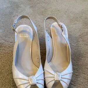 Stuart Weitzman White Kitten Heel Slingbacks with Bow